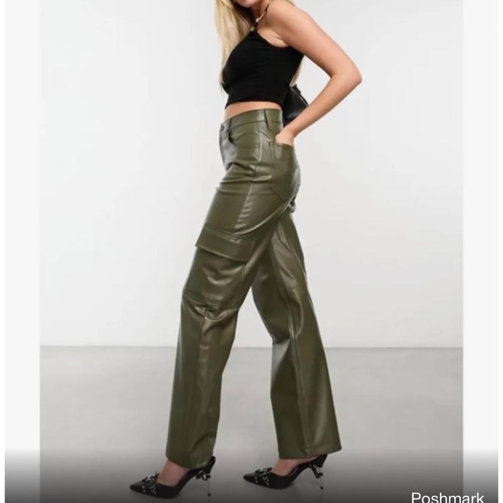 Tgla olive green faux leather cargo pants